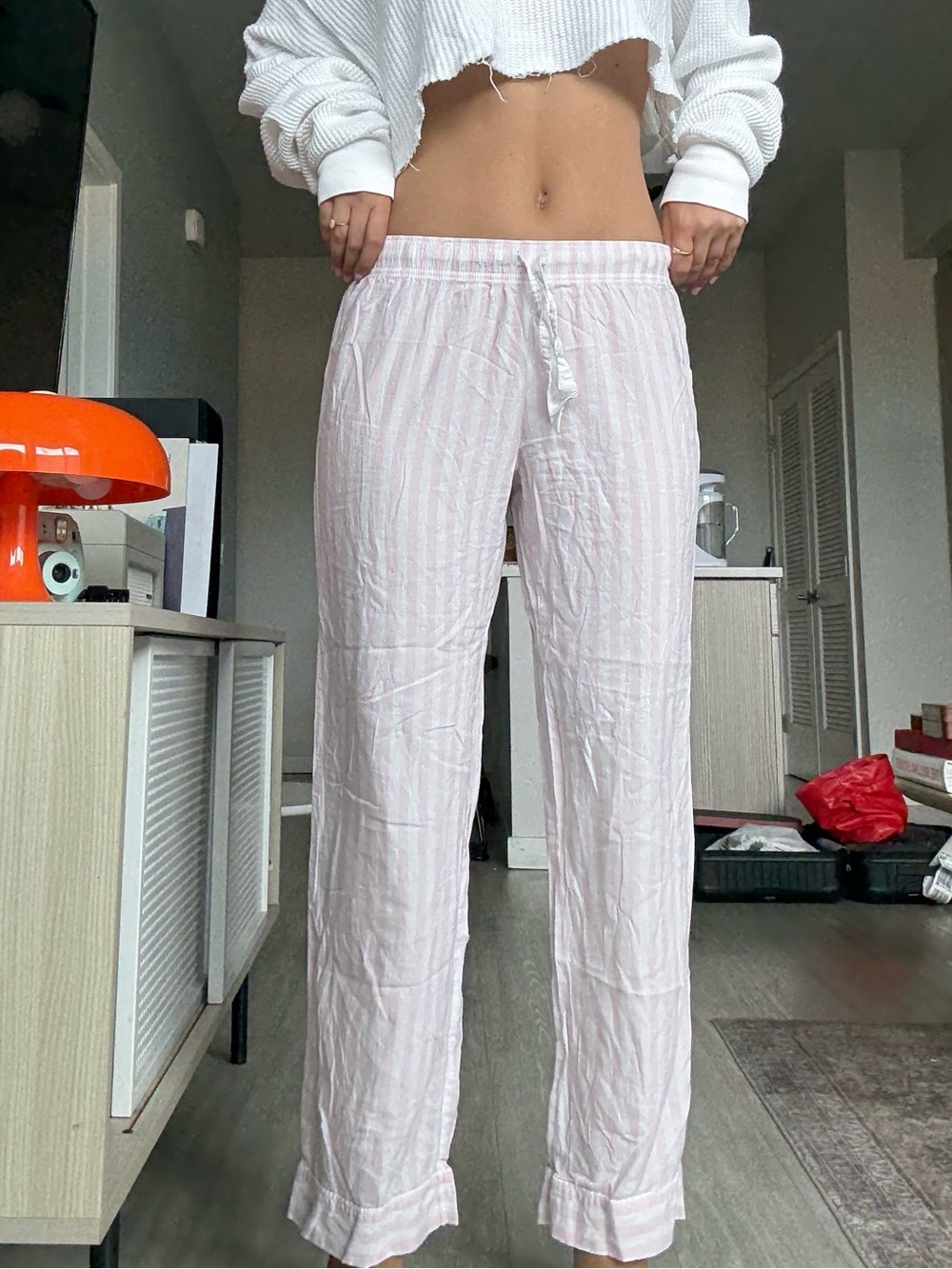 Cropped White Waffle Knit Top with Light Pink Stripe Lounge Pants